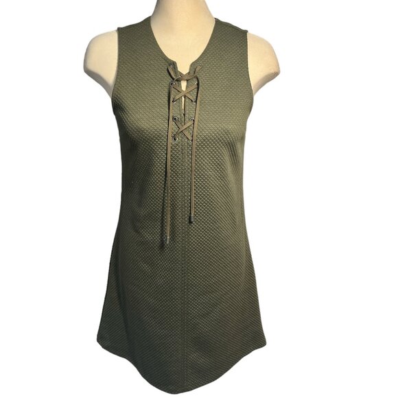 BLACK SWAN Dress Size M Green Leather Lace Up Peak A Boo Waffle Weave - Picture 4 of 13